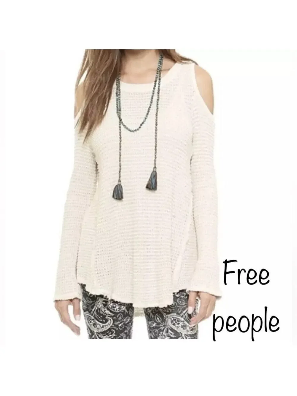Free People Sunrise Sweater Cold Shoulder Waffle Knit Top Women Size M Cream